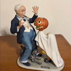 Norman Rockwell Halloween Pumpkin Ghost Figurine - White, Orange, Navy